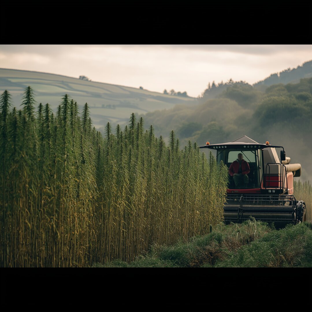 Combine harvester cutting a tall hemp crop in a Welsh field