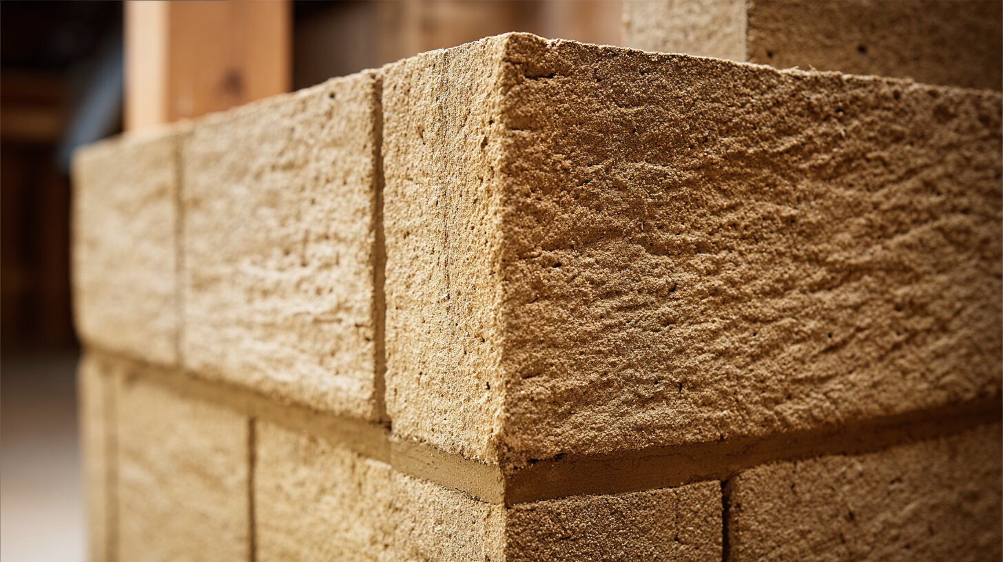 Corner of a hempcrete block wall under construction