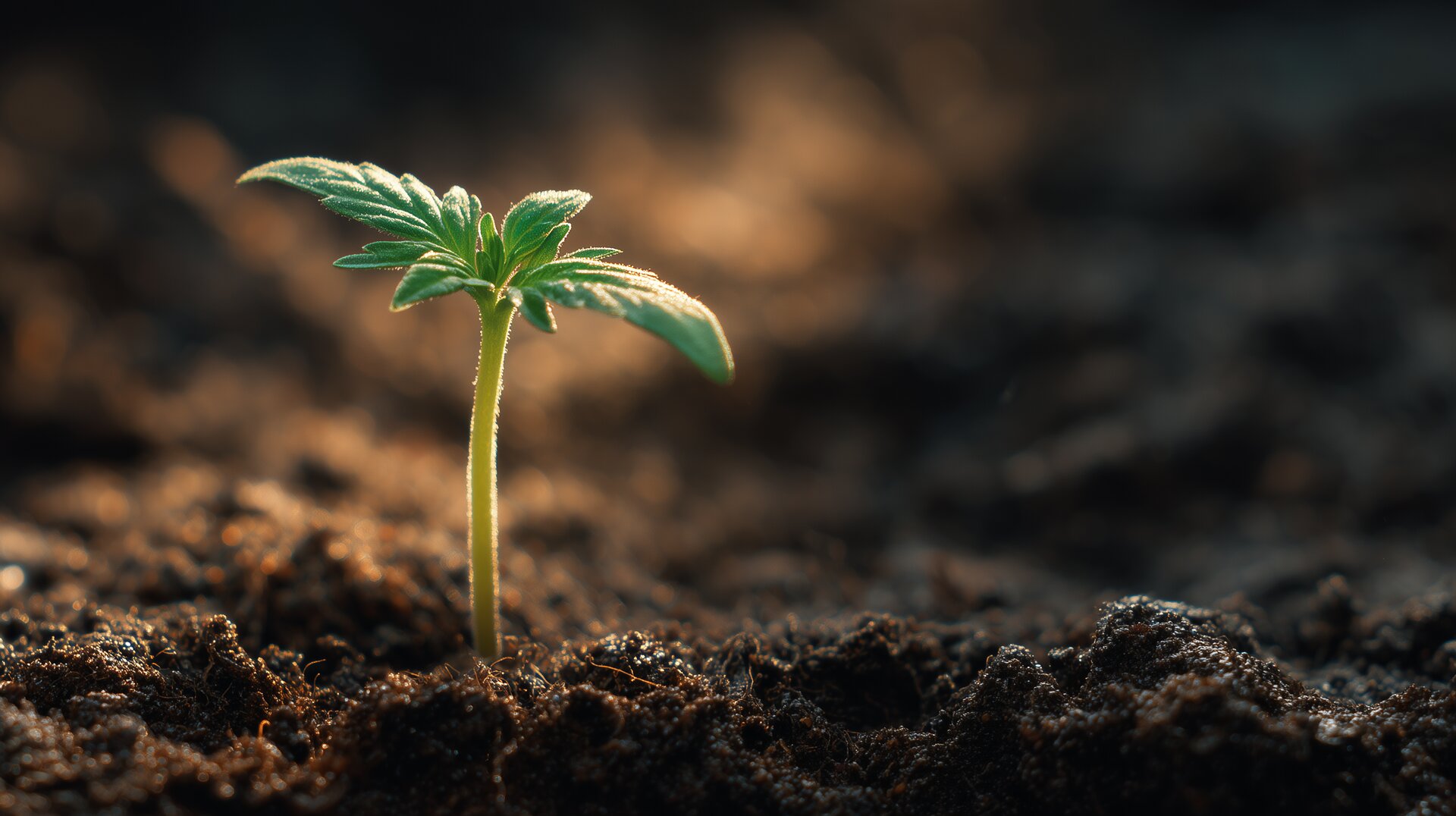 Close-up of a hemp seedling emerging from dark soil